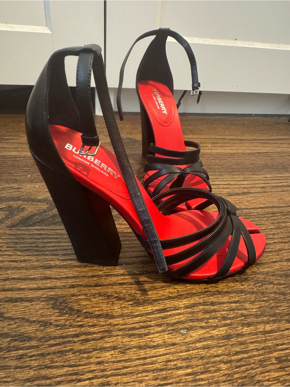 Authentic Burberry Black Strappy Heeled Sandals with Red Insole